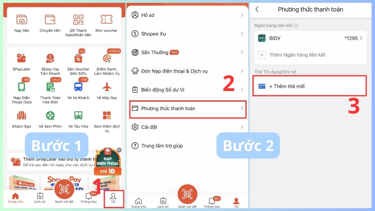 Cách liên kết thẻ ngân hàng với Shopee Pay bước 1, 2