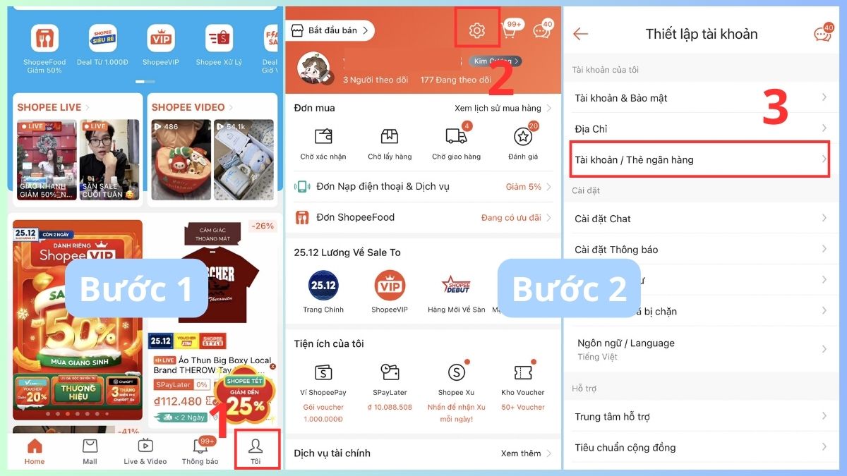 Cách hủy liên kết ngân hàng với Shopee bước 1, 2
