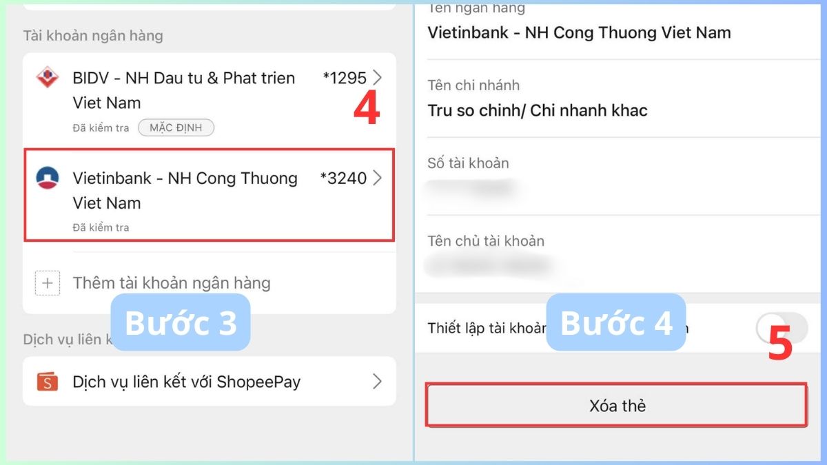 Cách hủy liên kết ngân hàng với Shopee bước 3, 4