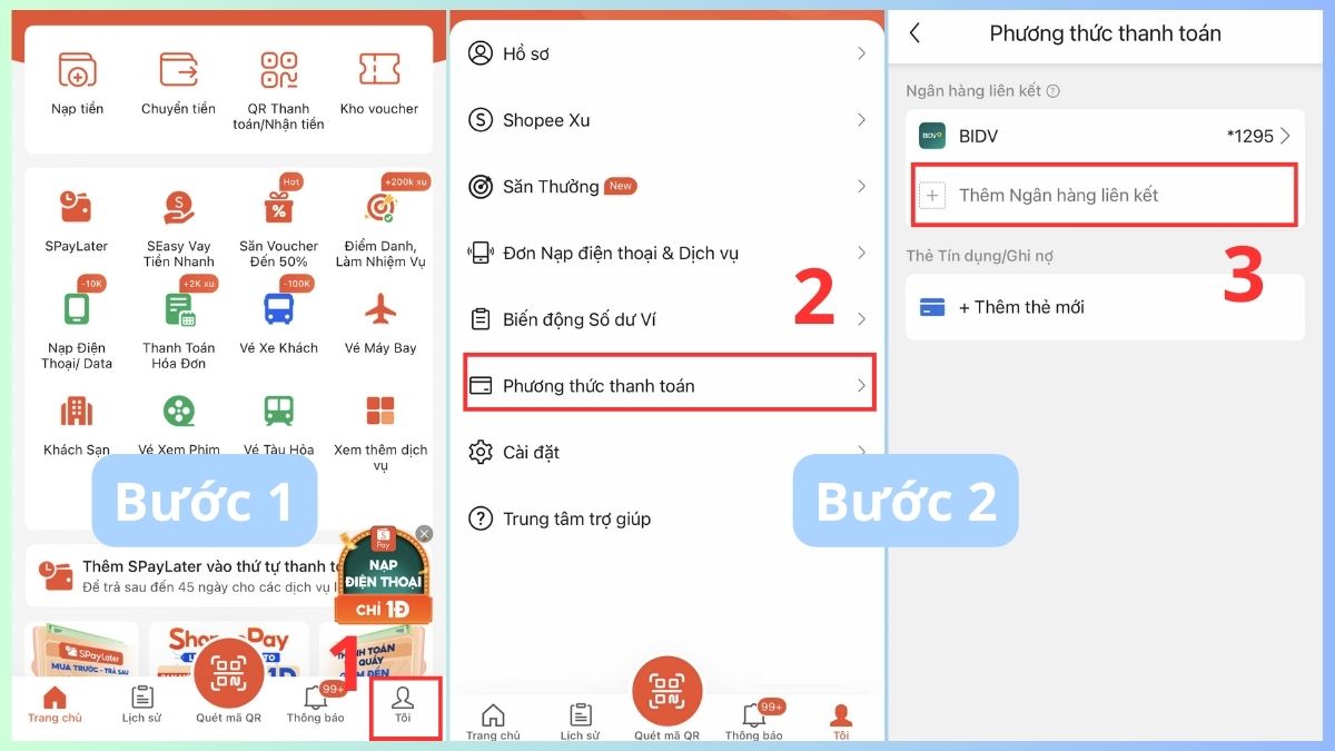 Cách liên kết tài khoản ngân hàng với Shopee Pay bước 1, 2