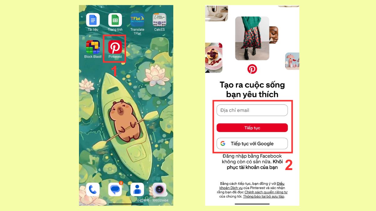 Cách lưu ảnh trên Pinterest về điện thoại qua app bước 1, 2