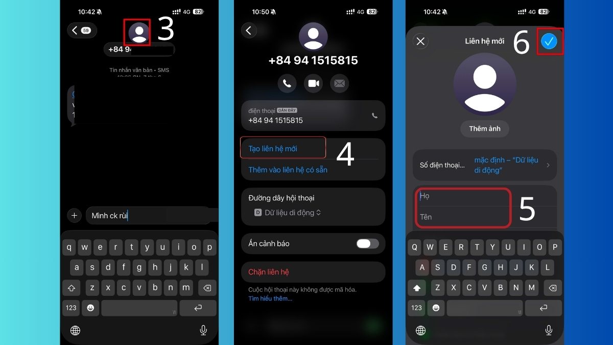 Cách lưu số điện thoại trên iOS từ tin nhắn bước 2, 3, 4