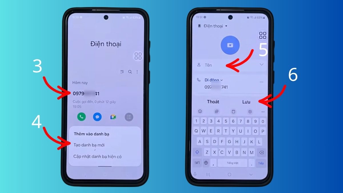 Cách lưu số điện thoại trên Android từ Nhật ký cuộc gọi bước 2, 3