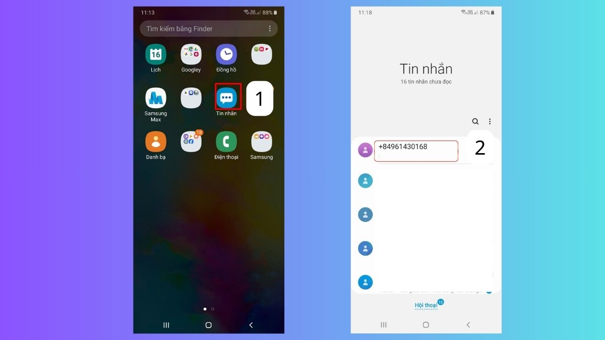 Cách lưu số điện thoại trên Android từ Tin nhắn bước 1, 2