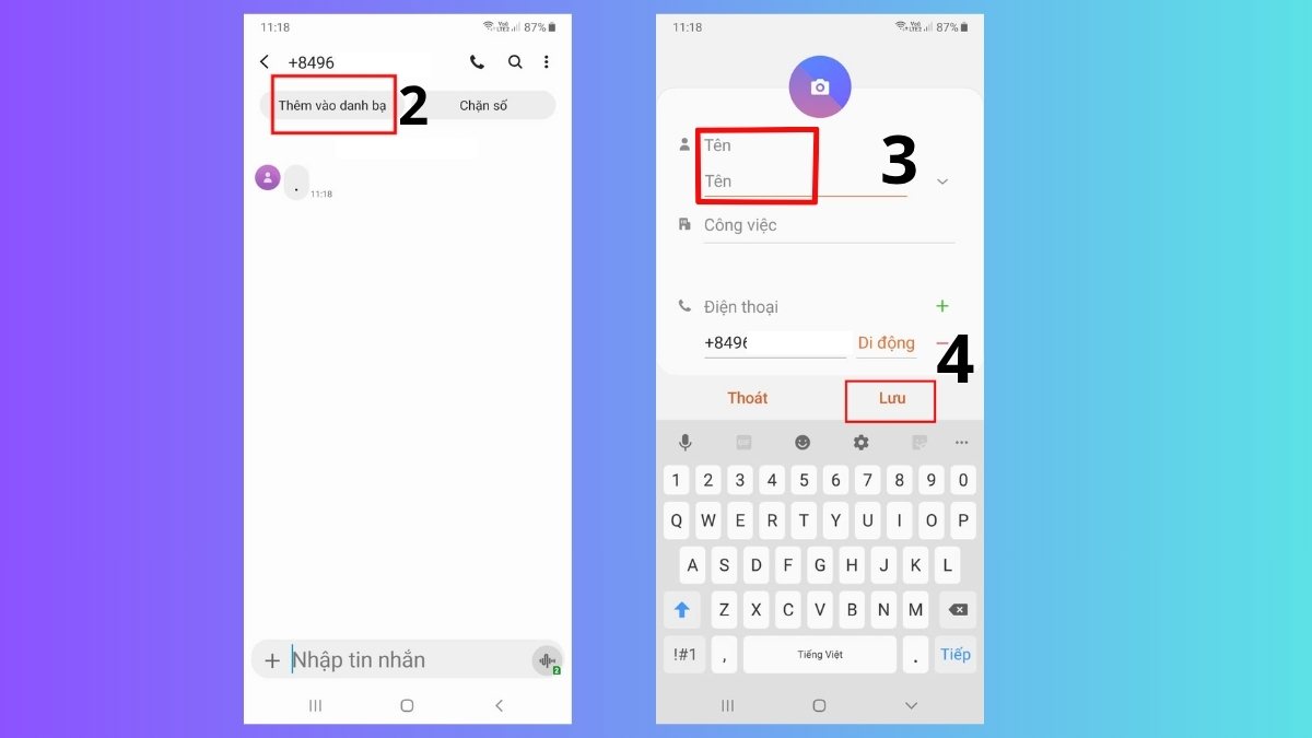 Cách lưu số điện thoại trên Android từ Tin nhắn bước 3, 4