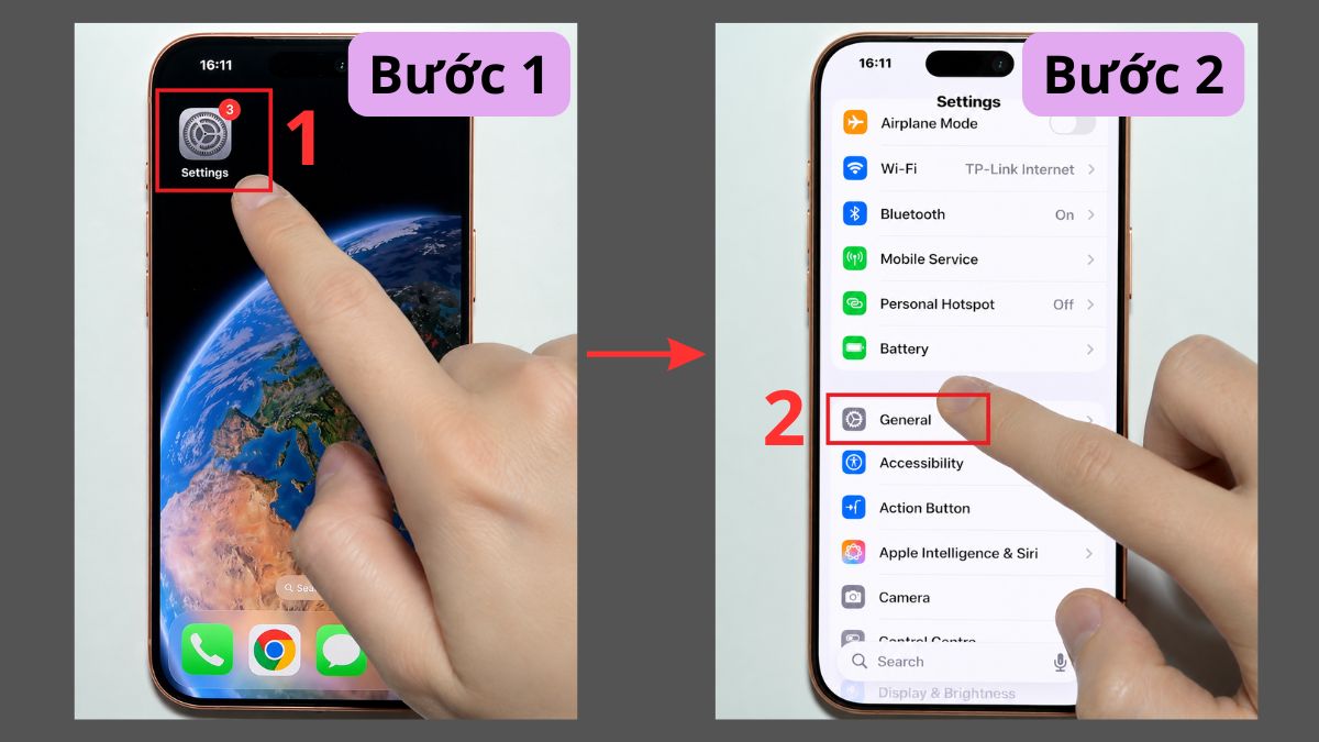 Cách mở Airdrop iPhone 17 từ Cài đặt bước 1, 2