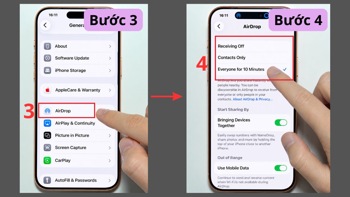 Cách mở Airdrop iPhone 17 từ Cài đặt bước 3, 4