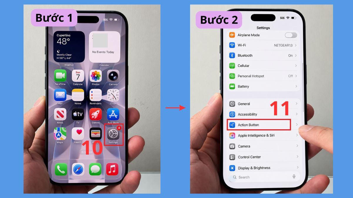 Cách mở Airdrop iPhone 17 qua Action Button bước 1, 2