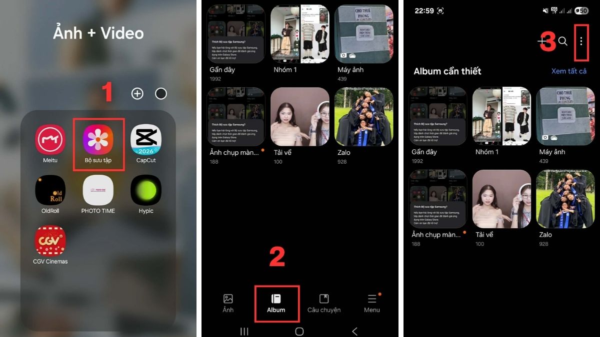 Cách ẩn album ảnh trên điện thoại Samsung trong Bộ Sưu Tập bước 1,2,3