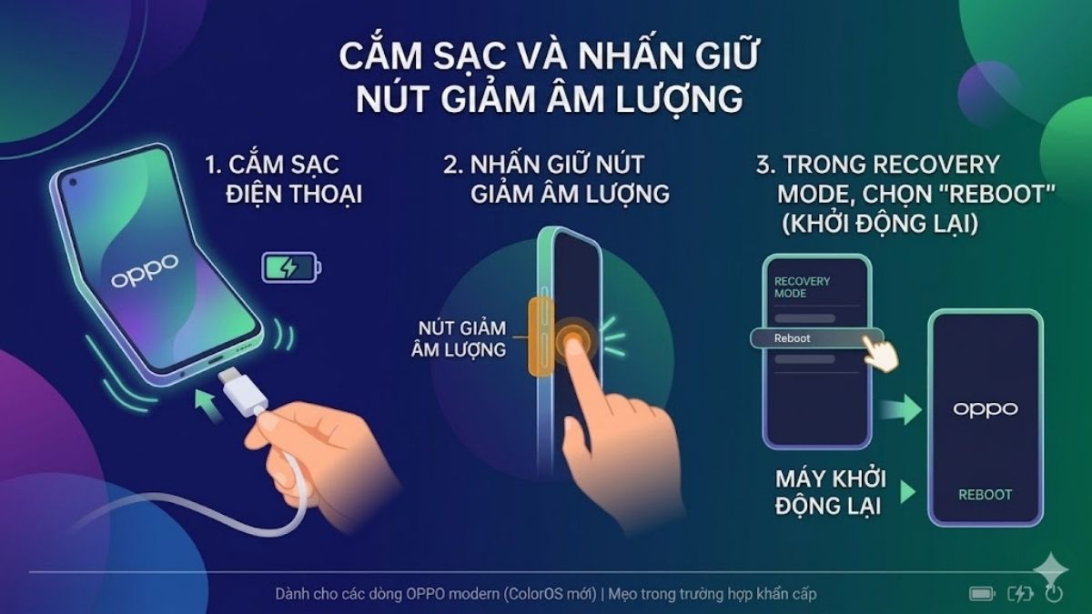 Cách mở nguồn Oppo khi nút nguồn bị liệt bằng cách cắm sạc và nhấn nút âm lượng