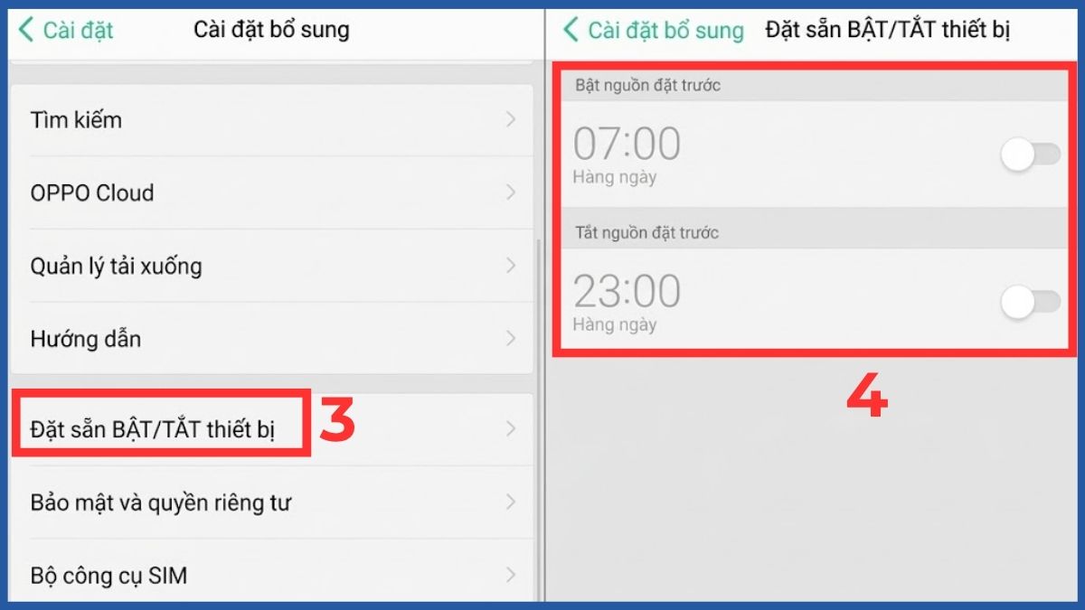 Cách mở nguồn Oppo khi nút nguồn bị liệt - Hẹn giờ bật/tắt bước 3, 4
