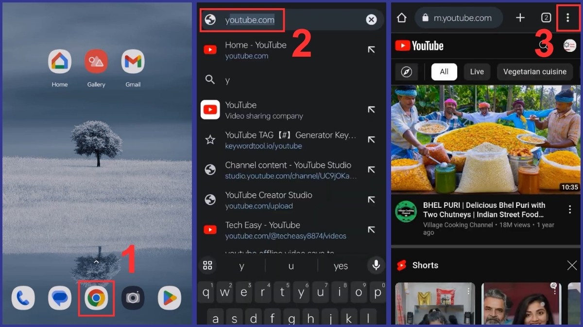 Cách nghe nhạc trên YouTube khi tắt màn hình Xiaomi qua trình duyệt Chrome bước 1, 2, 3