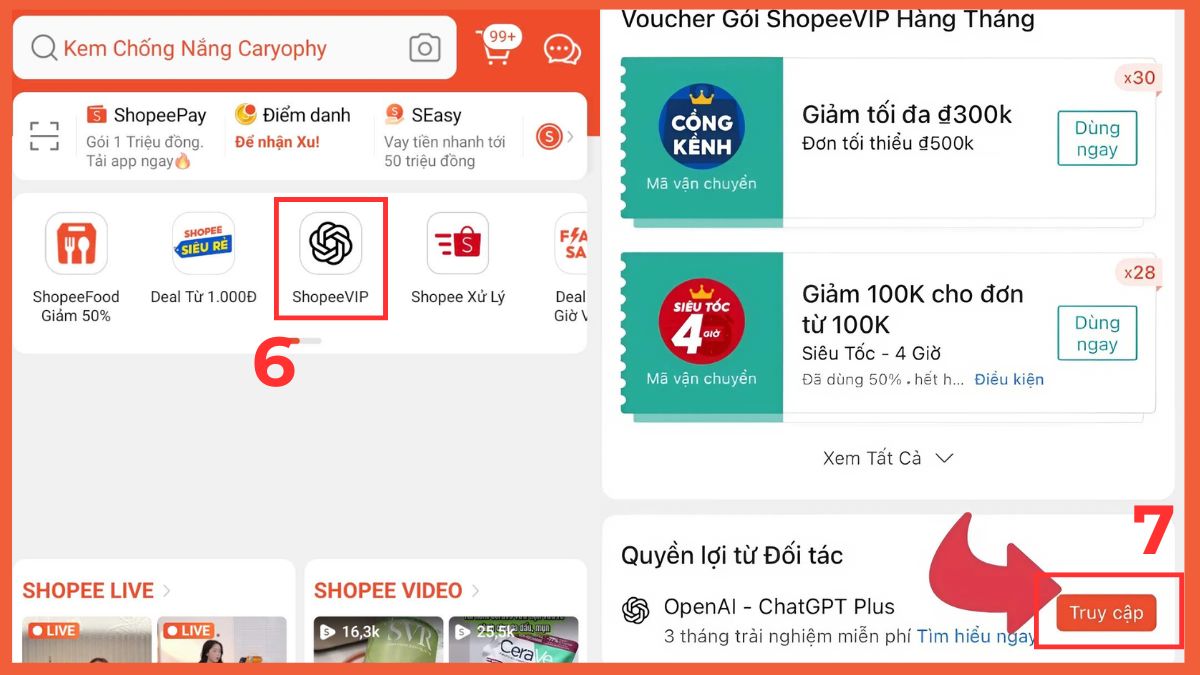 Cách nhận ChatGPT Plus miễn phí qua Shopee VIP bước 2