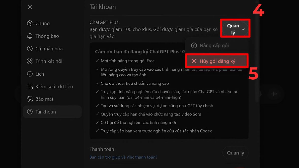 Cách nhận ChatGPT Plus miễn phí và hủy khi hết hạn bước 3