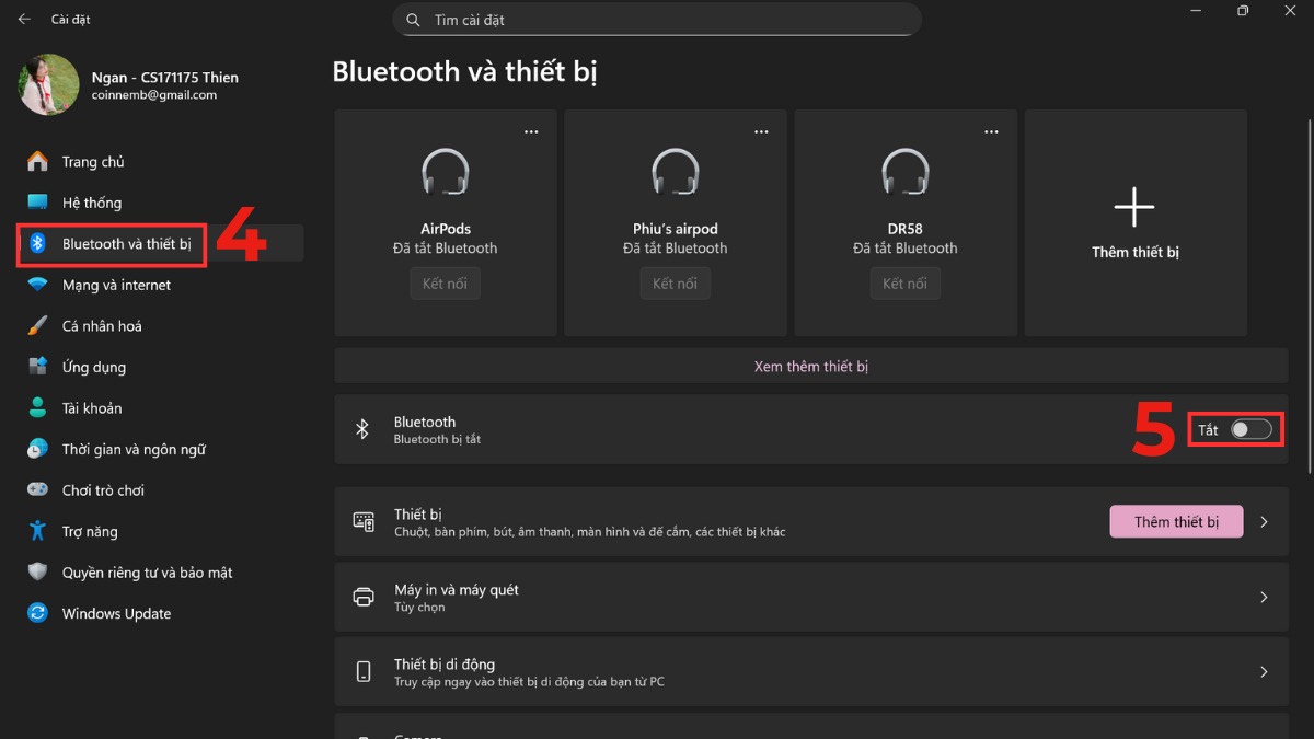 Cách reset chuột không dây - Tắt Bluetooth và bật lại bước 4, 5
