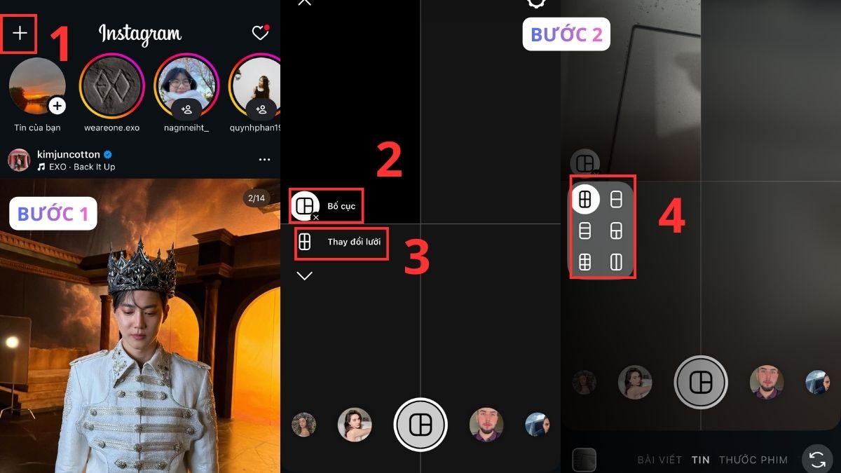 Cách sắp xếp bố cục ảnh trên Story Instagram bằng Layout bước 1, 2