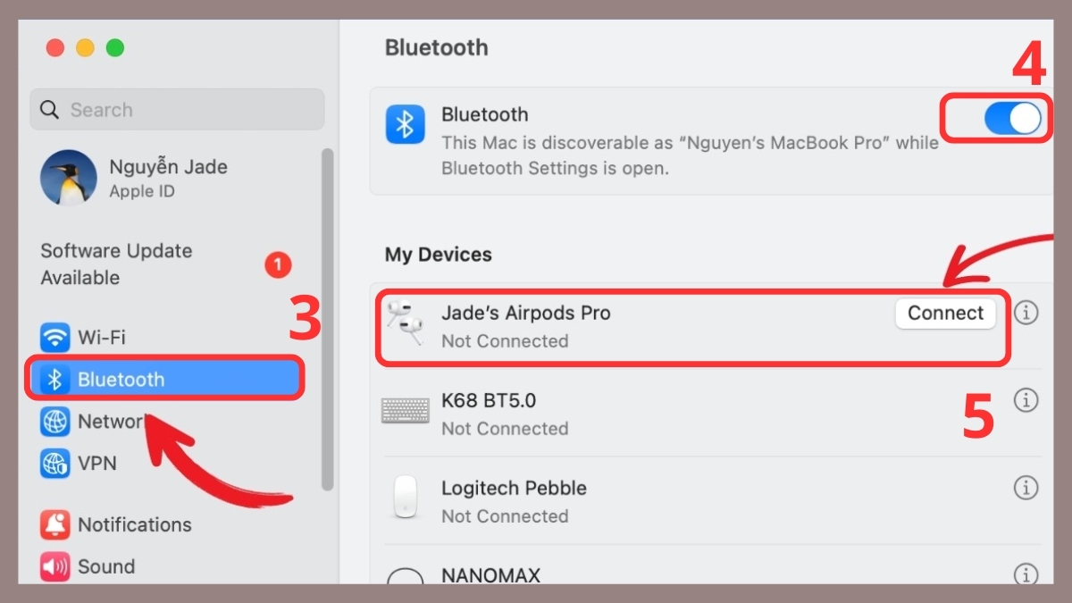 Cách sử dụng AirPods kết nối với MacBook bước 3, 4, 5