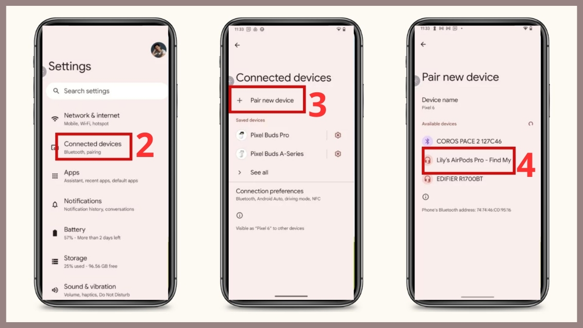Cách sử dụng AirPods kết nối với Android bước 2, 3, 4