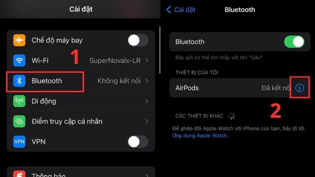 Cách sử dụng AirPods -  Đổi tên AirPods bước 1, 2