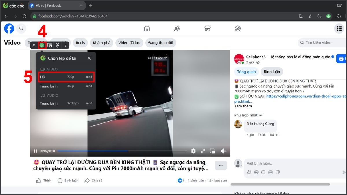 Cách tải video từ Facebook về máy tính trên Cốc Cốc bước 4, 5
