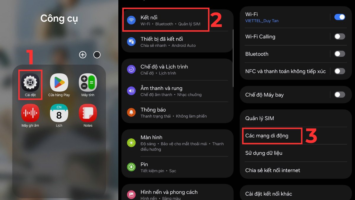 Cách tắt 5G trên Samsung trong phần Cài đặt bước 1, 2, 3