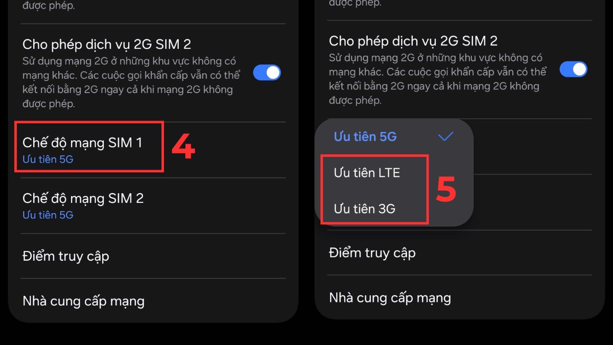 Cách tắt 5G trên Samsung trong phần Cài đặt bước 4, 5