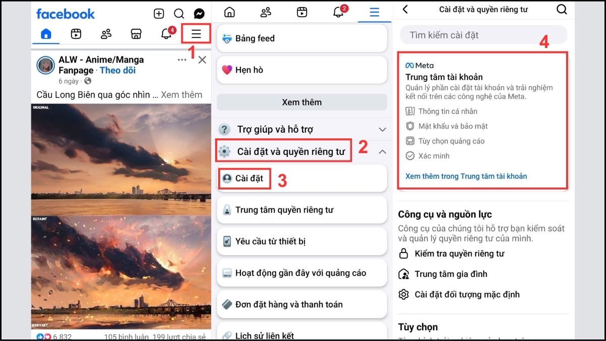 Cách tắt đồng bộ avatar Facebook với Instagram trên điện thoại bước 1, 2, 3, 4