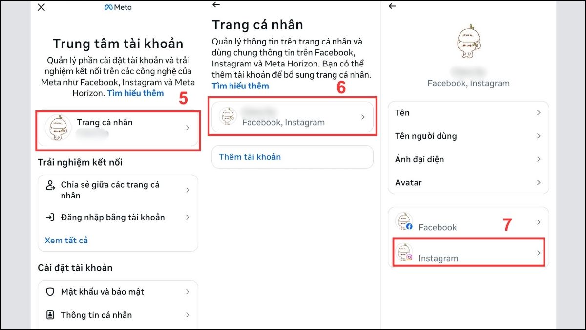 Cách tắt đồng bộ avatar Facebook với Instagram trên điện thoại bước 5, 6, 7