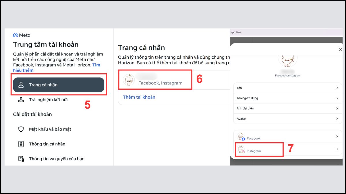 Cách tắt đồng bộ avatar Facebook với Instagram trên máy tính bước 5, 6, 7
