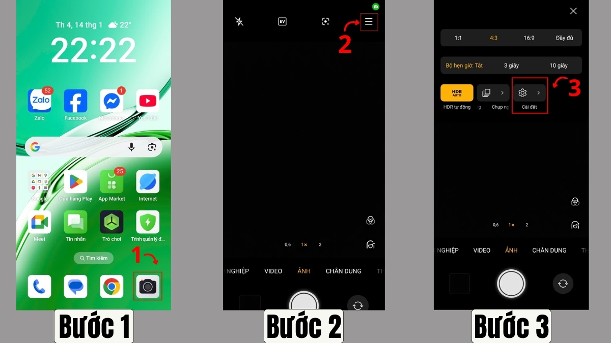 Cách tắt logo OPPO khi chụp ảnh bước 1, 2, 3