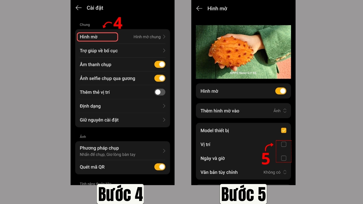 Cách tắt logo OPPO khi chụp ảnh và thời gian, vị trí bước 4, 5