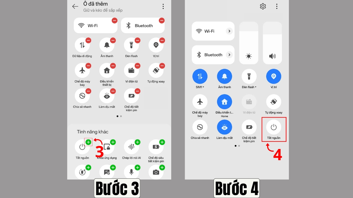 Cách tắt nguồn OPPO không cần nút nguồn từ Cài đặt nhanh bước 3, 4