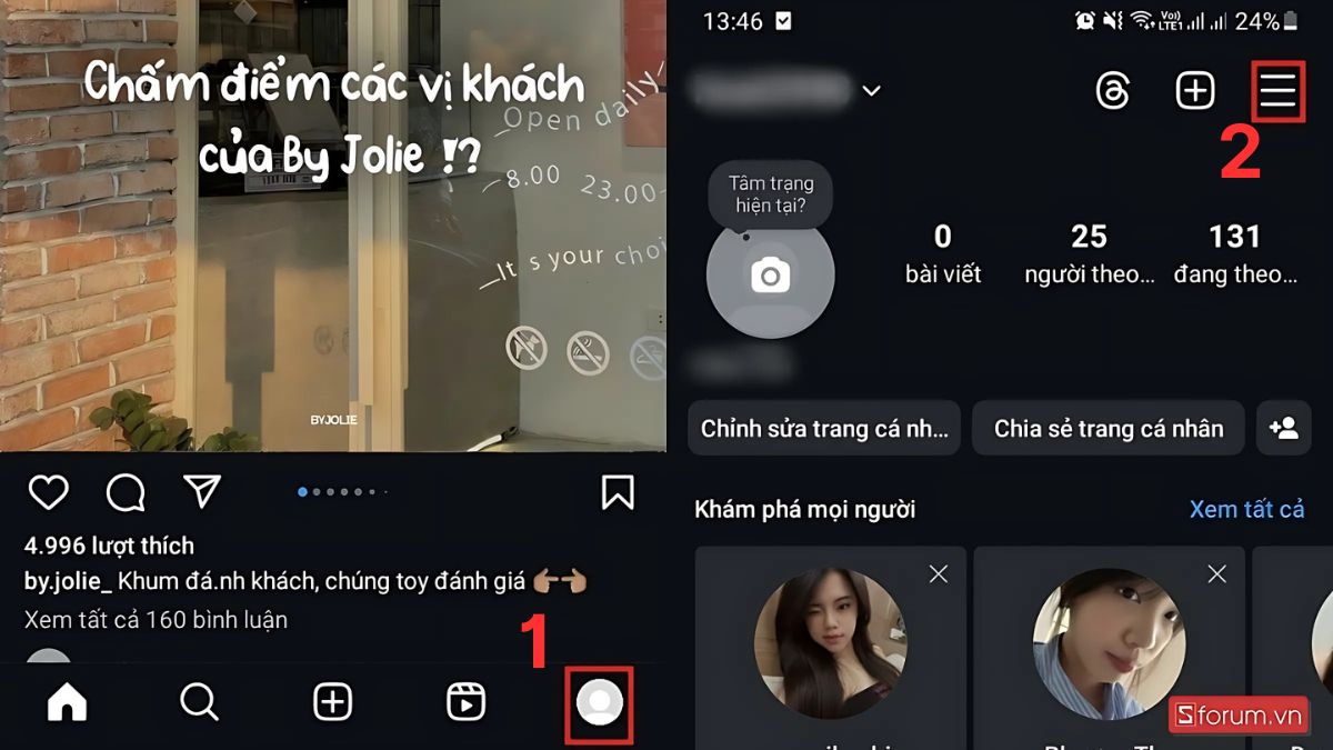 Cách tìm kiếm bạn bè Instagram qua danh bạ bước 1, 2