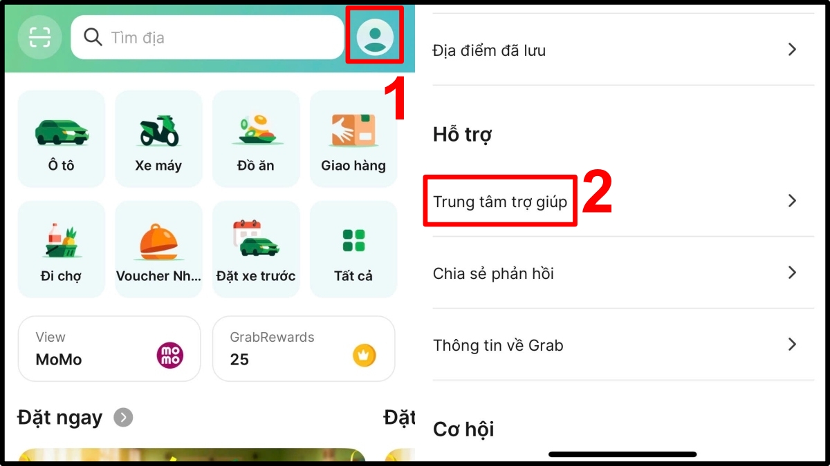 Cách tìm thông tin tài xế Grab cho hàng khách - Liên hệ hotline Grab bước 1, 2