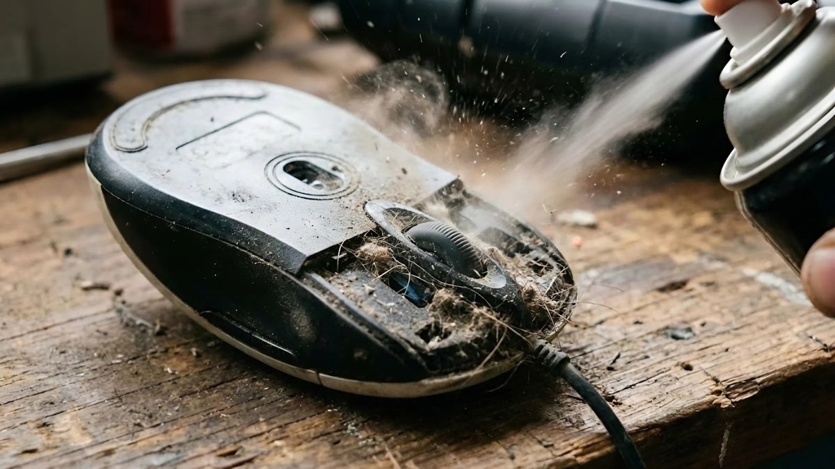 Cách vệ sinh chuột máy tính - Thổi sạch bụi quanh con lăn