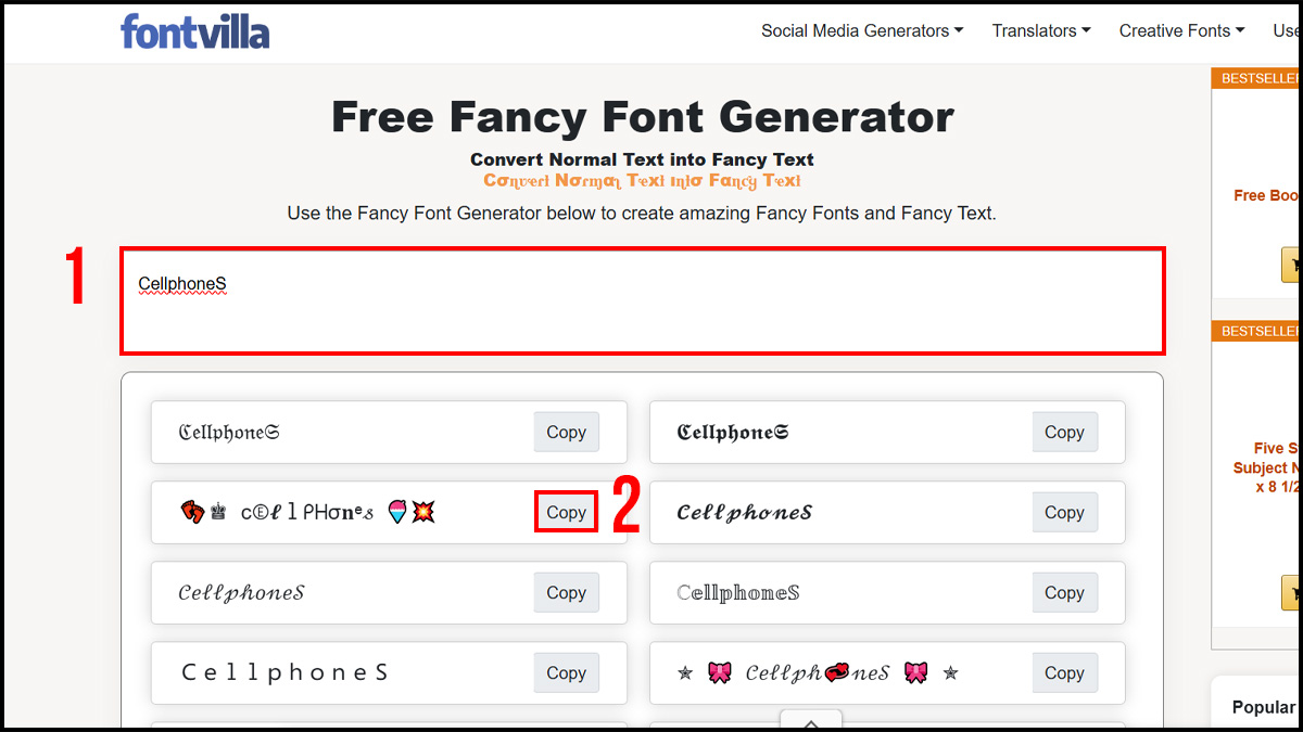 Cách viết chữ kiểu trên Facebook với LingoJam bước 1, 2