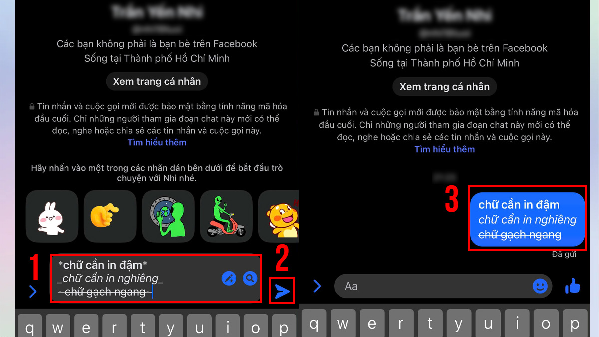 Cách viết chữ kiểu trên Facebook Messenger với Markdown bước 1, 2, 3