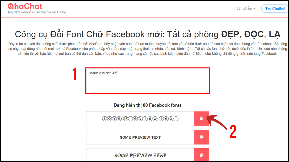 Cách viết chữ kiểu trên Facebook với AhaChat bước 1, 2