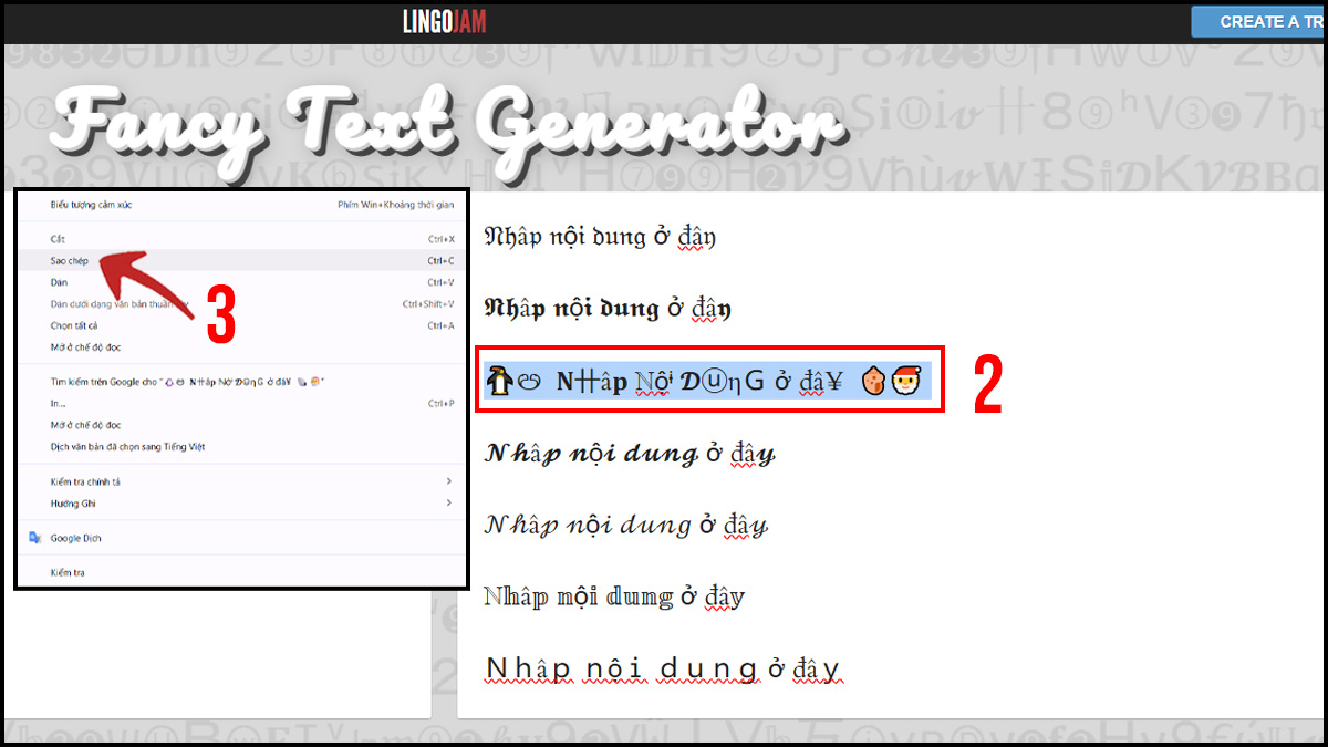 Cách viết chữ kiểu trên Facebook với LingoJam bước 2, 3