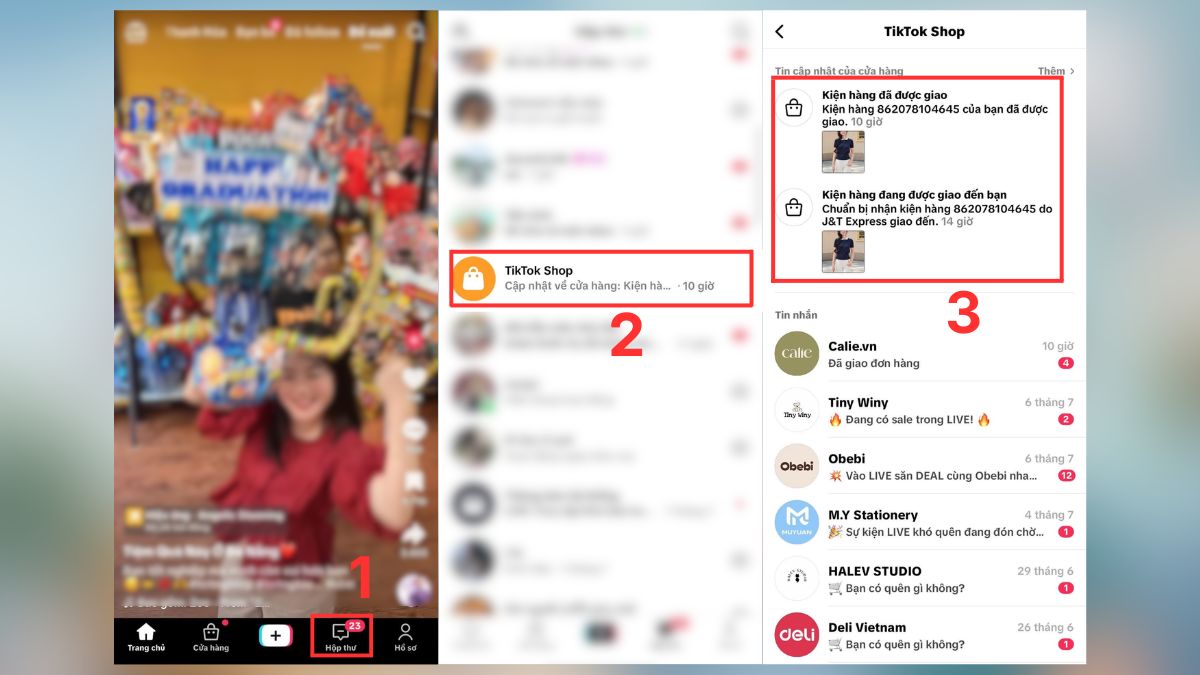Cách xem đơn hàng đã đặt trên TikTok qua Hộp thư