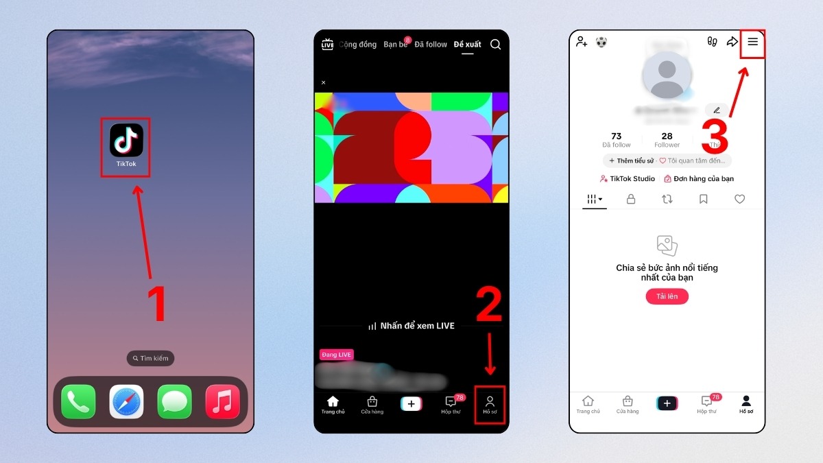 Cách xem lại live trên TikTok trên điện thoại bước 1, 2