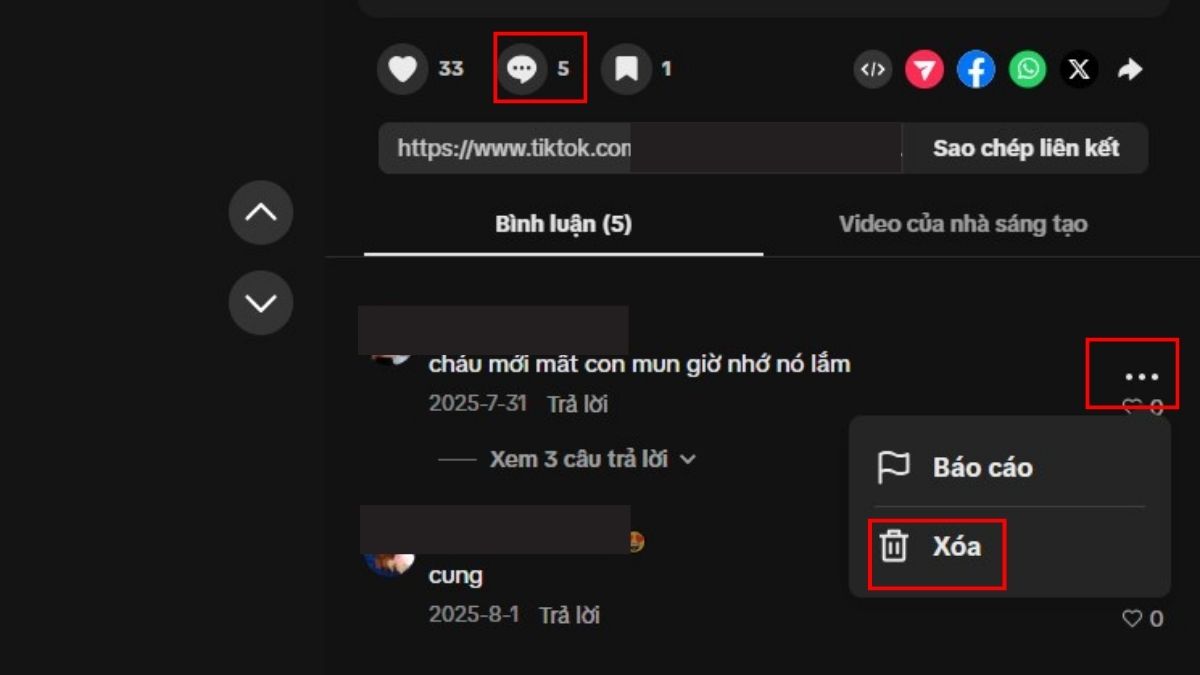 Cách xóa bình luận trên TikTok của người khác trên máy tính bước 3, 4