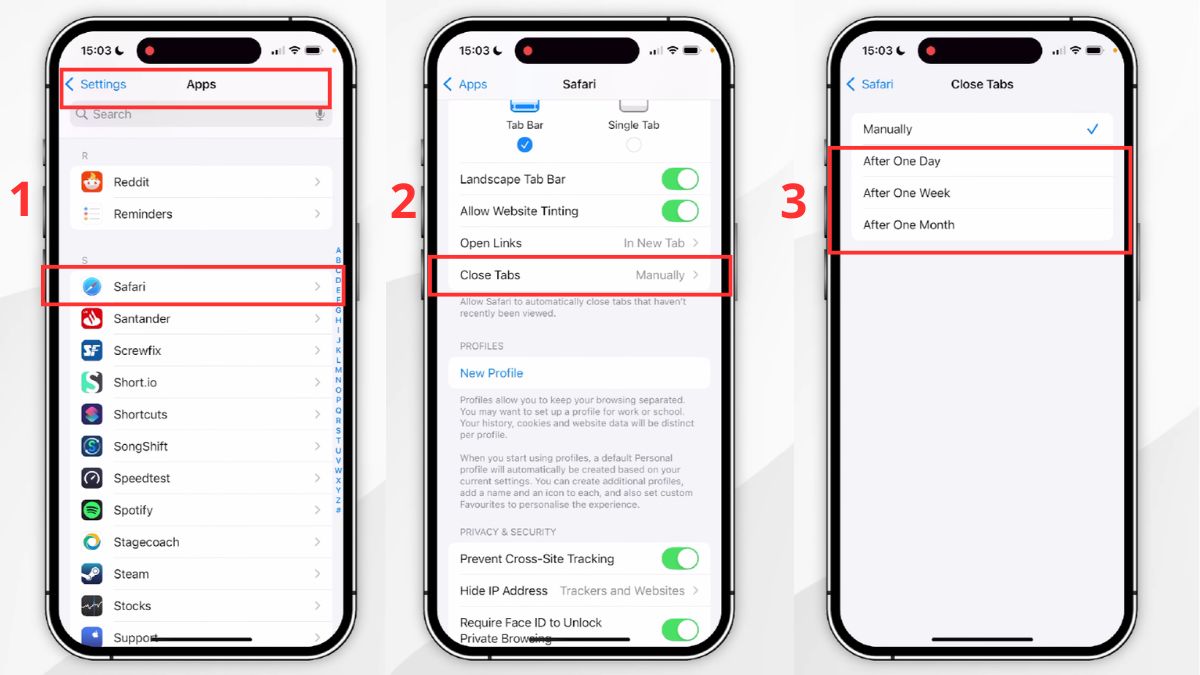 Cách xóa lịch sử Safari iPhone 17 - Thiết lập tự động đóng và xóa lịch sử