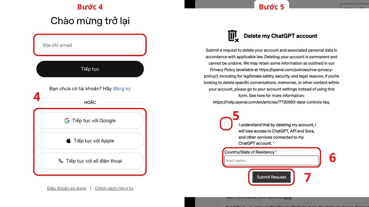 Cách xóa tài khoản ChatGPT qua cổng thông tin bước 4, 5
