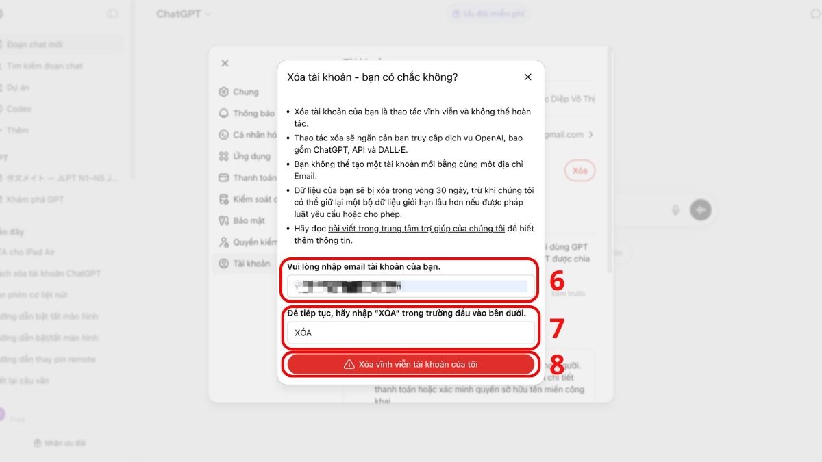 Cách xóa tài khoản ChatGPT trên máy tính bước 4