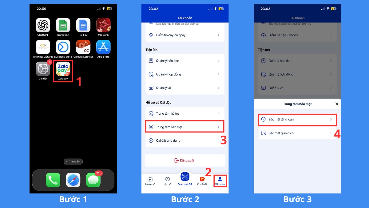 Cách xóa tài khoản ZaloPay trực tiếp trên ứng dụng bước 1, 2