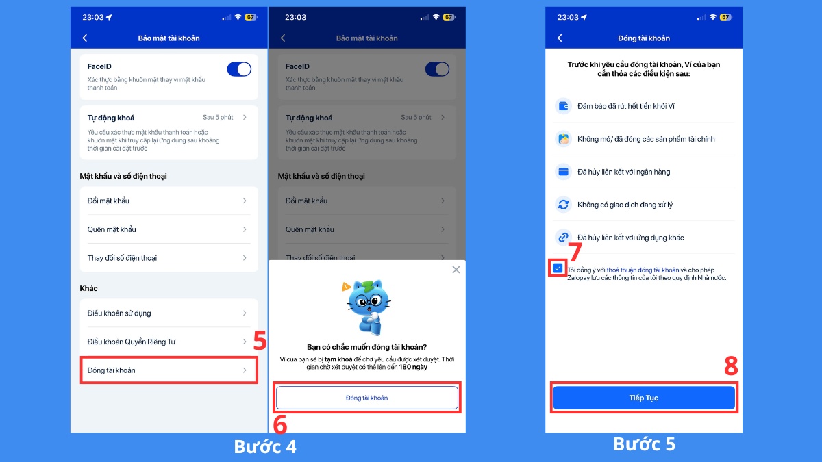 Cách xóa tài khoản ZaloPay trực tiếp trên ứng dụng bước 3, 4, 5