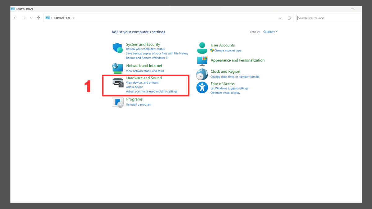 Cài đặt chuột máy tính trong Control Panel bước 1