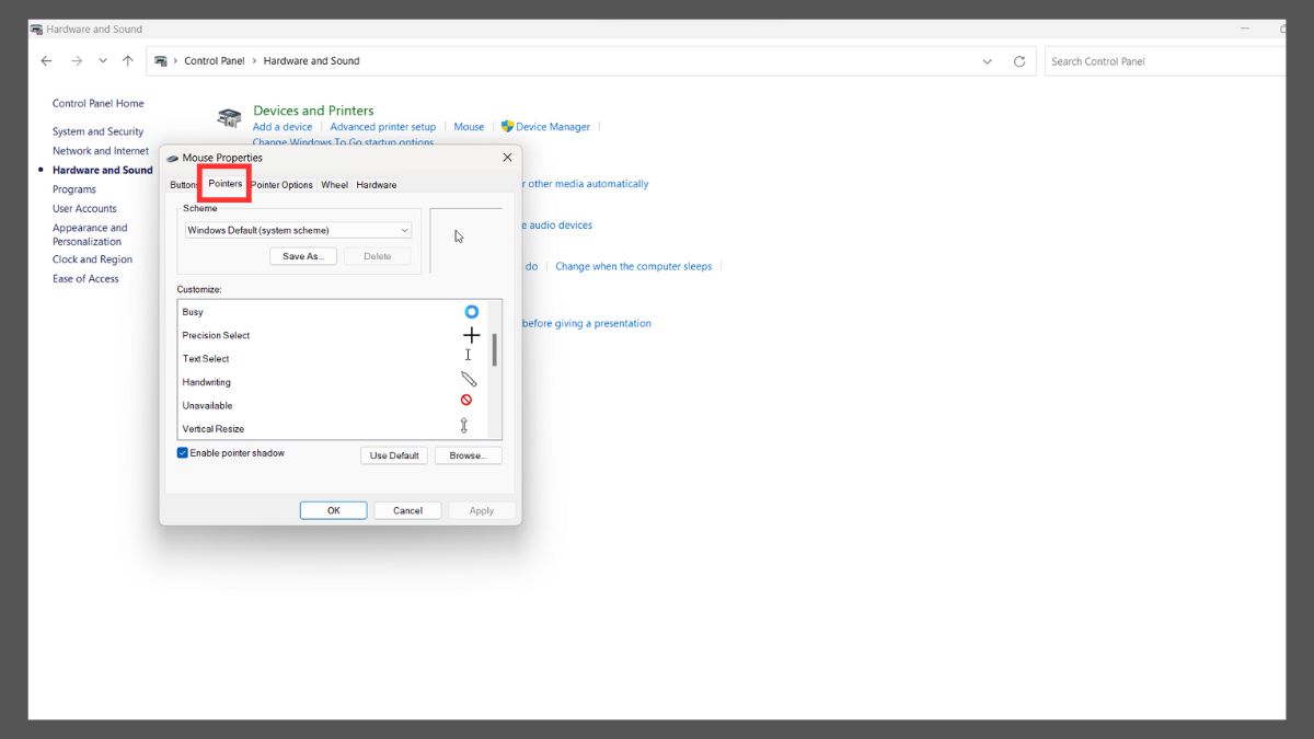 Cài đặt chuột máy tính trong Control Panel - Con trỏ chuột