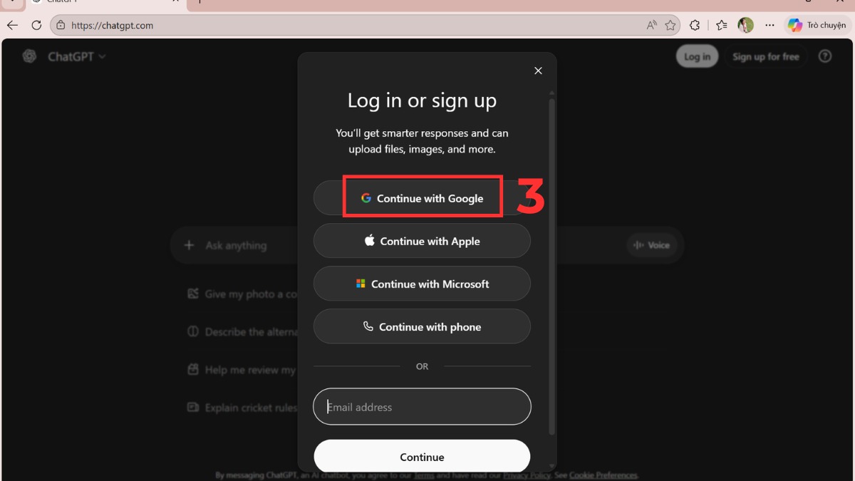 Cách đăng ký ChatGPT 5.0 miễn phí bước 2
